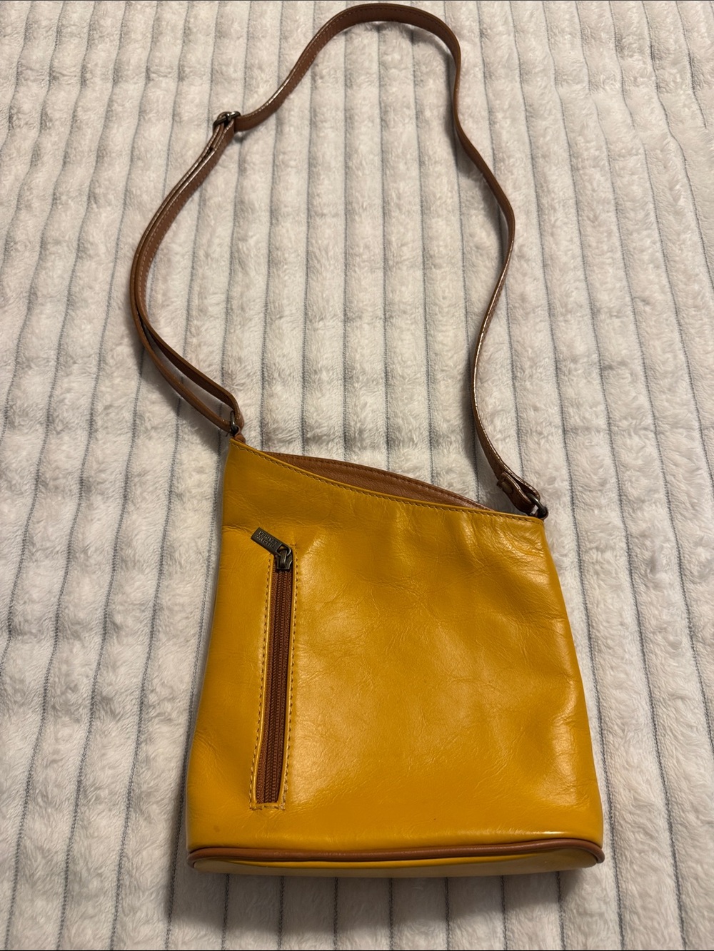 Mustard Yellow Leather Crossbody with Brown Trim